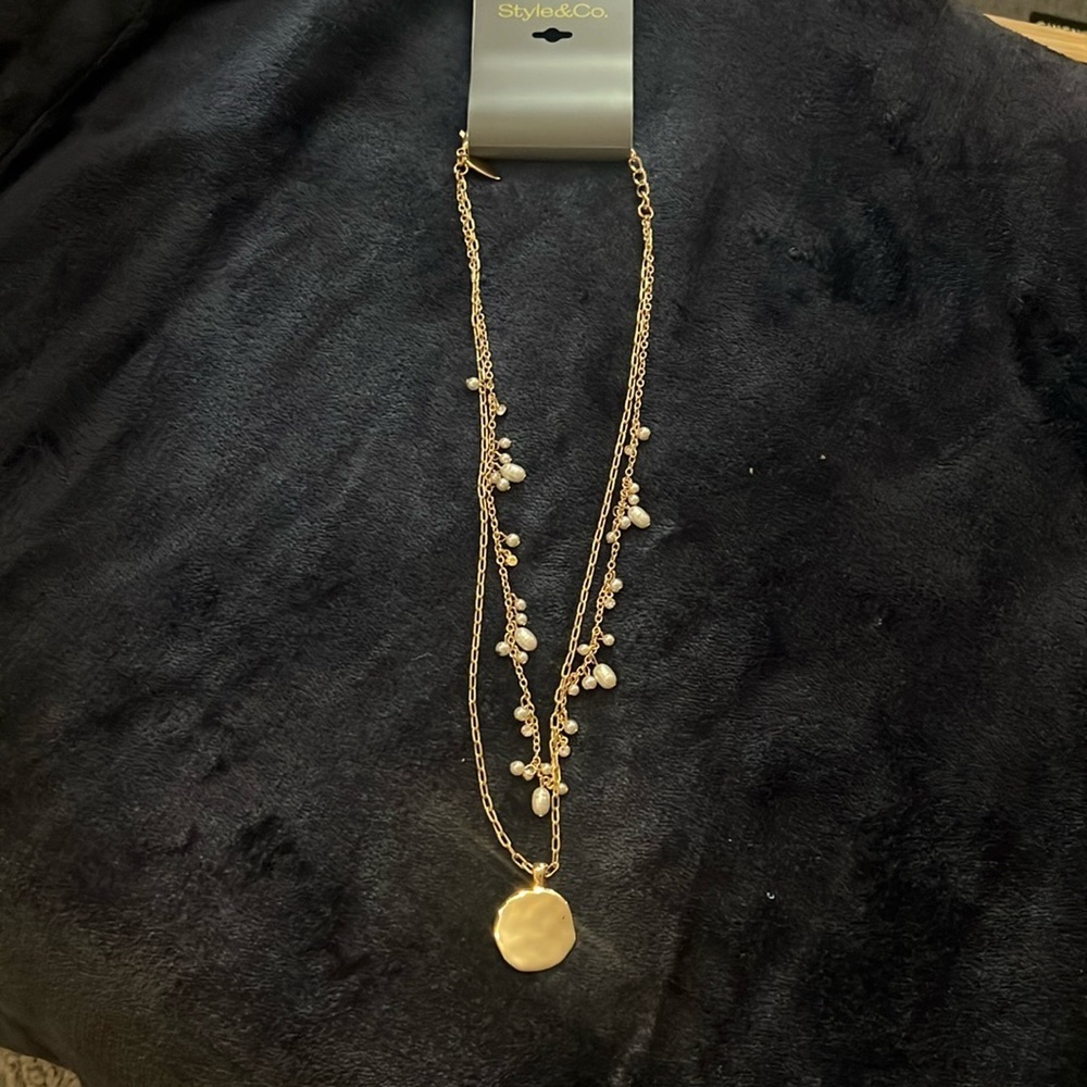 Style & co sliver long beaded pearl and gold necklace